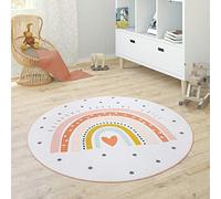 Paco Home Alfombra Infantil Redonda Chicas Chicos Estrellas Luna Elefante Arco Iris, tamaño:Ø 120 cm Redondo, Color:Crema