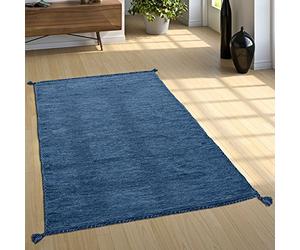 Paco Home Alfombra Natural Salón con Flecos, Moderna Tejida A Mano Kilim, 100% Algodón, tamaño:120x170 cm, Color:Azul