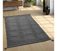 Paco Home Alfombra Natural Salón con Flecos, Moderna Tejida A Mano Kilim, 100% Algodón, tamaño:80x150 cm, Color:Gris