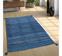 Paco Home Alfombra Natural Salón con Flecos, Tejida A Mano Motivo Kilim, 100% Algodón, tamaño:120x170 cm, Color:Azul
