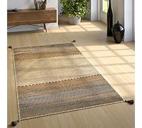 Paco Home Alfombra Natural Salón con Flecos, Tejida A Mano Motivo Kilim, 100% Algodón, tamaño:60x110 cm, Color:Beige