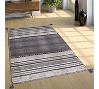 Paco Home Alfombra Natural Salón con Flecos, Tejida A Mano Motivo Kilim, 100% Algodón, tamaño:80x150 cm, Color:Gris