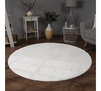 Paco Home Alfombra para Salón en Falsa Piel Suave Lavable Moderna Elegante Fácil de Limpiar Efecto Piel Uni Brillante Fluffy a Pelo Corto, tamaño:80 cm Redon, Color:Blanco
