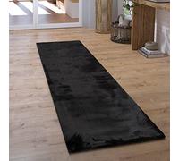Paco Home Alfombra Pasillo Pelo Largo Hall Dormitorio Salón Mullida Alfombra Piel Sintética Moderna Monocolor, tamaño:80x300 cm, Color:Negro