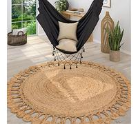 Paco Home Alfombra Redonda Salón Yute Boho Motivo Étnico Moderno Hecha A Mano Natural, tamaño:Ø 100 cm Redon, Color:Naturaleza 5