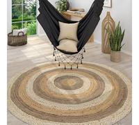 Paco Home Alfombra Redonda Salón Yute Boho Motivo Étnico Moderno Hecha A Mano Natural, tamaño:Ø 160 cm Redon, Color:Multicolor