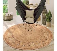 Paco Home Alfombra Redonda Salón Yute Boho Motivo Étnico Moderno Hecha A Mano Natural, tamaño:Ø 160 cm Redon, Color:Naturaleza