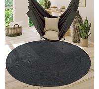 Paco Home Alfombra Redonda Salón Yute Boho Motivo Étnico Moderno Hecha A Mano Natural, tamaño:80 cm Redon, Color:Antracita