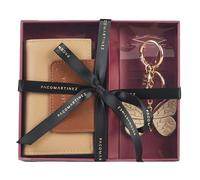 PACO MARTINEZ Set de Regalo para Mujer, Caja Regalo con Cartera Billetero para Mujer Color Beige con Solapa en Tono Camel y Llavero a Juego, Idea de Regalo de Cumpleaños, Aniversario o Navidad