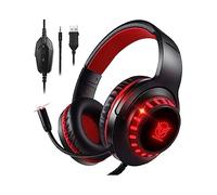 Pacrate Cascos Gaming para PS4/PS5/Xbox One/Nintendo Switch/PC, Auriculares Gaming con Microfono Cascos PS4 con Sonido Envolvente Estéreo, Cascos Gamer con Cancelación de Ruido, Luz LED, Rojo