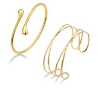 PacuM 2 pulseras de oro ajustables para la parte superior del brazo, material de metal, joyas doradas con líneas lisas, pulseras decorativas para Navidad, día de San Valentín, cumpleaños, Acero
