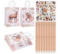 PacuM Regalos Fiesta Cumpleaños Infantil Set Incluye 12 Lápices Con Temática Caballos 12 Bolsas de Regalo para Caballos 50 Pegatinas Bolsitas de Fiesta Estilo Vaquero Del Oeste para Niños Niñas
