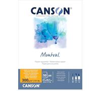Canson Montval, Papel de acuarela, Grano Fino, 300gsm, Bloc encolado por el lado corto, A4-21x29,7cm, Blanco, 50 hojas