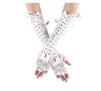PADGCNOR Guantes de media mano de encaje Guantes de medio dedo con encaje floral sexy for mujer, hasta el codo, lazo negro, for fiestas baile, sin dedos, malla rejilla(White)