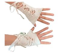 PADGCNOR Guantes de media mano de encaje Guantes sin dedos de encaje rejilla con lazo y tiras, malla elástica floral, guantes cortos for mujer(White B)
