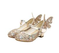 PADGCNOR Zapatos Princesa Niñas Zapatos de Cuero Mariposa Princesa for niños, Zapatos tacón Alto con Lazo Diamante, Baile Purpurina, Moda for Chicas, Fiesta(Gold,36)
