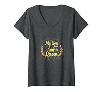 Padre del Novio: Mi Hijo encontró a su Reina Camiseta Cuello V, Mujer, Jaspeado Oscuro, L