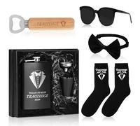 Padrino Preguntas Hombre Quiero Ser Mi Padrino 8oz Petaca Calcetines Abrebotellas Con Mango de Madera Pajarita Gafas de Sol 2 Vasos Embudo En Caja De Regalo Negro Acero Inoxidable para Boda