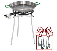Paellero Completo Marjal con Trípode Regulable: Paellera de Acero Pulido, Quemador de Gas Esmaltado y 5 Utensilios de Regalo - Paellera Ø50 cm (13 raciones) + Quemador Ø40 cm