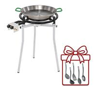 Paellero Completo Marjal con Trípode Regulable: Paellera de Acero Pulido, Quemador de Gas Esmaltado y 5 Utensilios de Regalo - Paellera Ø34 cm (6 raciones) + Quemador Ø40 cm