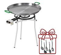 Paellero Completo Marjal con Trípode Regulable: Paellera de Acero Pulido, Quemador de Gas Esmaltado y 5 Utensilios de Regalo - Paellera Ø60 cm (20 raciones) + Quemador Ø40 cm