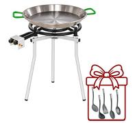 Paellero Completo Marjal con Trípode Regulable: Paellera de Acero Pulido, Quemador de Gas Esmaltado y 5 Utensilios de Regalo - Paellera Ø42 cm (10 raciones) + Quemador Ø40 cm