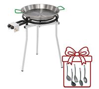 Paellero Completo Marjal con Trípode Regulable: Paellera de Acero Pulido, Quemador de Gas Esmaltado y 5 Utensilios de Regalo - Paellera Ø38 cm (8 raciones) + Quemador Ø40 cm