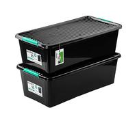 PAFEN 2x caja de almacenaje sobre ruedas Eko-Linie 55l - 76,5x39,5x25,5cm - Cajas Almacenaje Cajas apilables con clips de cierre Contenedores de plástico Cajas para ropa Organizador | Negro
