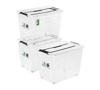 PAFEN 3x caja de almacenaje 80l con ruedas y asa - 39x43x58cm - Cajas transparentes Almacenaje Cajas apilables con clips de cierre Contenedores de plástico