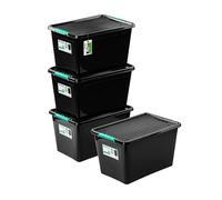 PAFEN 4x caja de almacenaje sobre ruedas Eko-Linie 60l - 58,5 39,5x35cm - Cajas Almacenaje Cajas apilables con clips de cierre Contenedores de plástico Cajas para ropa Organizador | Negro