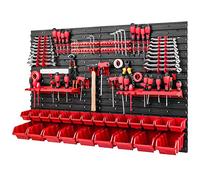 PAFEN Caja apilable para pared de herramientas, 1152 x 780 mm, sistema de almacenamiento, soportes para herramientas y 23 cajas rojas, estantería de pared, estantería de taller, estantería perforada,
