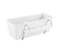 PAFEN Jardinera con almacenamiento de agua, jardinera para balcón, aspecto de ratán, color blanco, plástico con soporte de metal
