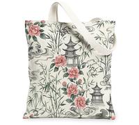 Pagoda - Bolsa de lona para mujer, diseño de peonía tradicional asiática, bambú, primavera, melocotón, lavable, reutilizable, para Shoppi, Melocotón, 13x15 Inch