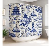 Pagoda - Cortina de ducha extra ancha, diseño tradicional oriental de velero, color azul primavera, lavable, con ganchos, cortinas de ducha para baño, decoración de habitación de invitados, 108 x 72
