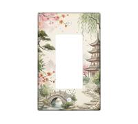 Pagoda - Cubierta para interruptor de luz basculante individual, diseño oriental de cerezas y cerezas en flor de plástico verde primavera, tamaño estándar, placa decorativa para nuevo apartamento