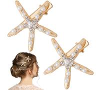 PAGOW 2 pinzas para el pelo de estrella de mar, perlas de diamantes de imitación doradas, perlas de imitación de cristal de mar, tocado de boda, accesorios para el cabello para mujeres y novias
