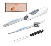 PAHTTO Cuchillo eléctrico, cuchillo de cocina inalámbrico con 2 cuchillas de acero inoxidable y tenedor, cuchillo para filetear de 8 V con bloqueo de seguridad, para carne, pescado, pan, etc.