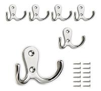 PAIDASHU Paquete de 6 ganchos dobles de metal, ganchos de pared con tornillos para colgar ropa, sombreros, toallas, llaves, utensilios de cocina, para sala de estar, dormitorio, baño, cocina (plateado