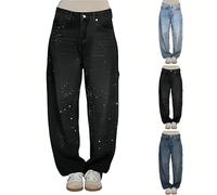 PAIDAXING Barrel Jeans para mujer UK Suquin Rhinestones Mid Low Rise Baggy Jeans de pierna ancha con purpurina de gran tamaño, pantalones harén para mujer, talla grande, pantalones de mezclilla