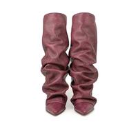 PAIDAXING Botas altas hasta la rodilla para mujer, holgadas, apiladas, dobladas, puntiagudas, tacón grueso, botas de vestir para mujer, para otoño e invierno, a la moda, informales, cómodas, a media