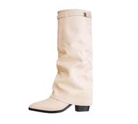 PAIDAXING Botas de gamuza a media pantorrilla para mujer, plegables, apilables, puntiagudas, tacón bajo, con correa de hebilla, zapatos elegantes para invierno, botas altas hasta la rodilla, White