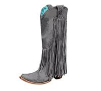 PAIDAXING Botas occidentales para mujer, de ajuste ancho, pantorrilla ancha, hasta la rodilla, tacón alto grueso con detalle de flecos, botas vaqueras forradas de invierno para mujer, Reino Unido, 1