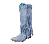 PAIDAXING Botas occidentales para mujer, de ajuste ancho, pantorrilla ancha, hasta la rodilla, tacón alto grueso con detalle de flecos, botas vaqueras forradas de invierno para mujer, Reino Unido, 1