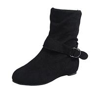 PAIDAXING Botas para mujer, estilo retro, suaves, plisadas, con cremallera lateral, tacones gruesos, zapatos planos, color sólido, puntera redonda, hebilla, botines de otoño e invierno, A 1 Negro,