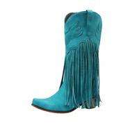 PAIDAXING Botas vaqueras para mujer, estilo retro, de ante occidental, a media pantorrilla, con flecos, punta de punta, tacón grueso, pantorrilla ancha, botas de equitación para mujer, para otoño e