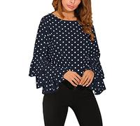 PAIDAXING Camisas para mujer, elegante blusa de lunares con volantes, cuello redondo, manga larga, casual, primavera, verano, camisetas elegantes para oficina, trabajo, negocios, A#1-azul marino, XL