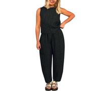 PAIDAXING Chándal de verano para mujer, conjunto de 2 piezas de lino, ajuste holgado, cuello redondo, manga corta, camiseta de algodón a cuadros, pantalones y pantalones casuales, talla grande, ropa