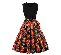 PAIDAXING Disfraz de Halloween para mujer, retro, cuello redondo, sin mangas, cintura alta, acampanado, vestido de noche con vuelo, estampado gótico, vestido de baile de noche para carnaval, A#2