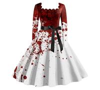 PAIDAXING Vestido acampanado con estampado de esqueleto de Halloween para mujer, vestido de fiesta de cóctel de manga larga con cinturón de lazo y cintura alta, baile gótico, baile de disfraces y