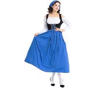 PAIDAXING Vestido tirolés del Oktoberfest para mujer, disfraz medieval de sirvienta de granja para cosplay, fiesta, carnaval, actuaciones, disfraz vintage con pañuelo para la cabeza, color azul